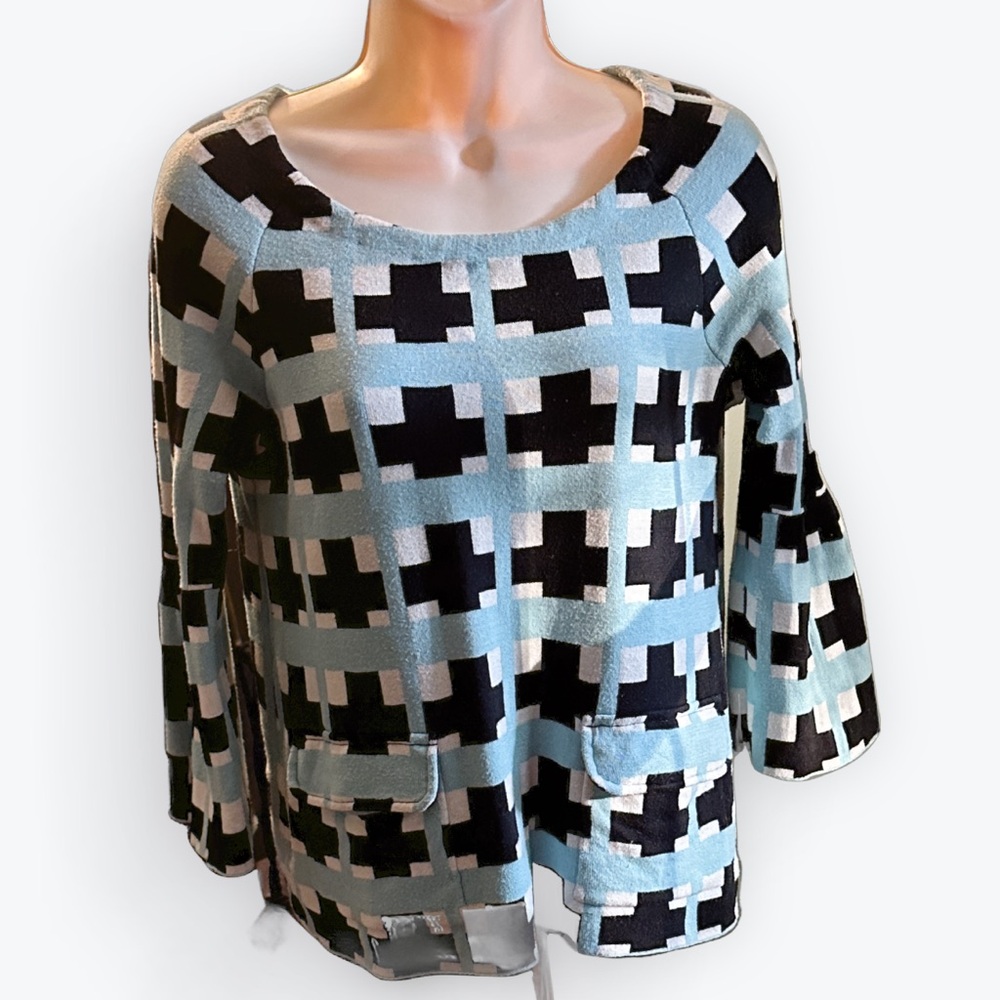 Modern Preppy Twee Moth for Anthropologie Plaid 3/4 Bell Sleeve Swing Sweater ~S